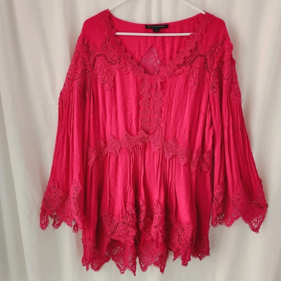 ⚘️HP⚘️Boston Proper Gauzy Pink Lace Women's Tunic Boho Pintucks Size XL Fuchsia - Picture 1 of 16